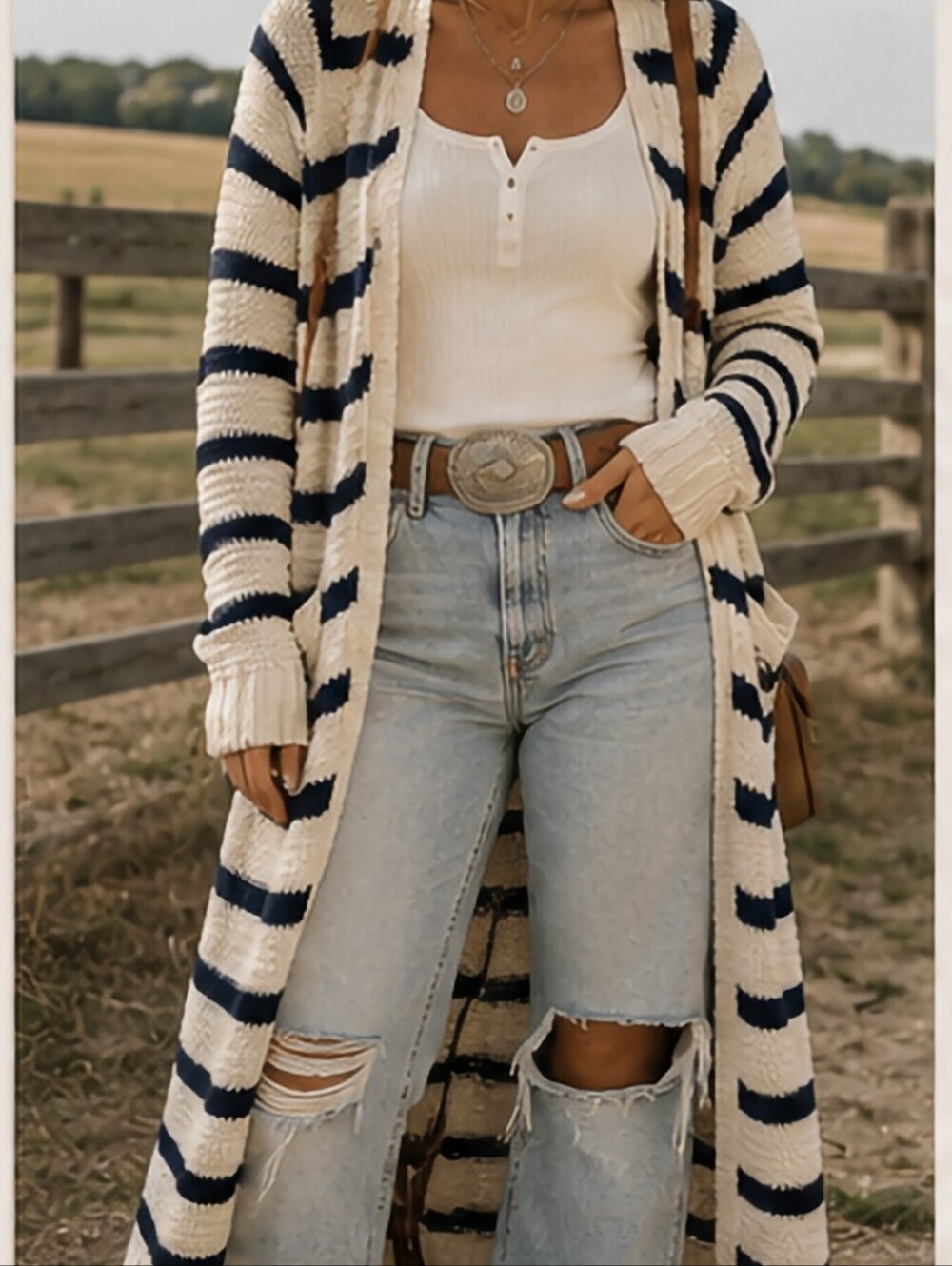 Easel Cream & Navy Striped Long Cardigan